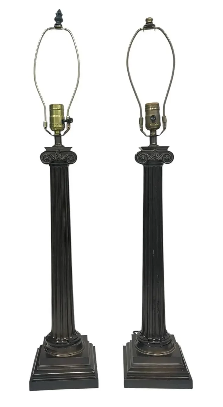 Ionic Column Table Lamp Pair Set Metal Architectural Brown Neoclassical Elegant